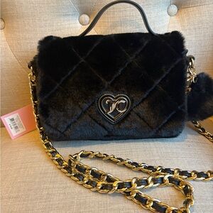 Customize Juicy Couture Black Faux Fur Crossbody Bag with Gold Chain